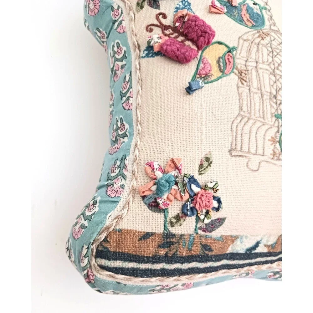Milli Home Embroidered Birdhouse Accent Pillow Cottage Core Yarn Flowers Shaped